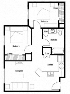 Floor plan for 2 beds, 1 bath, 700 sqft